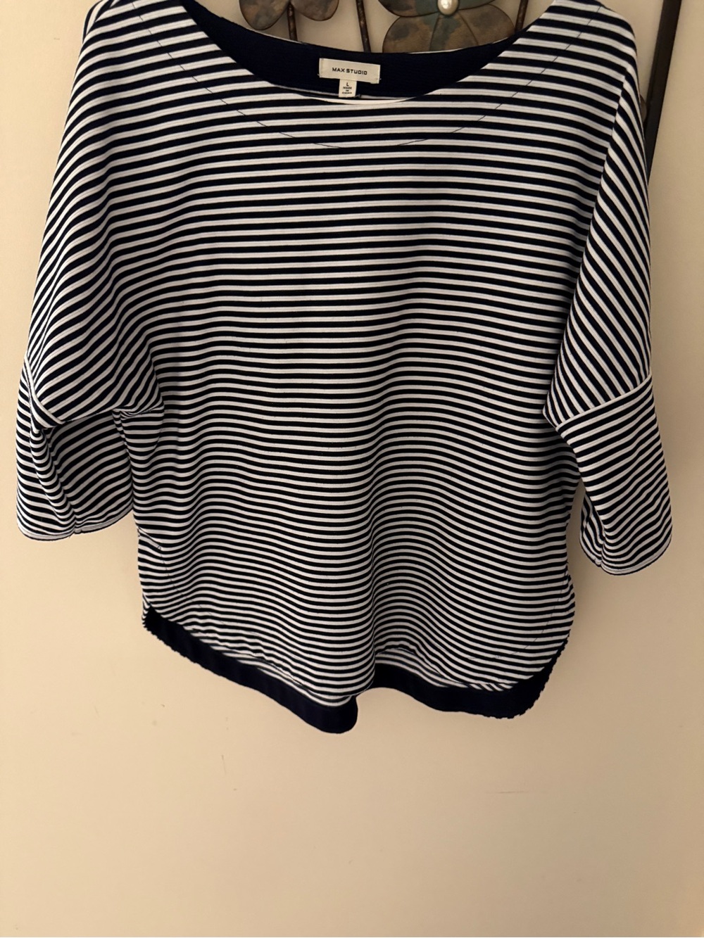 Max Studio Navy White Striped Boatneck Pullover